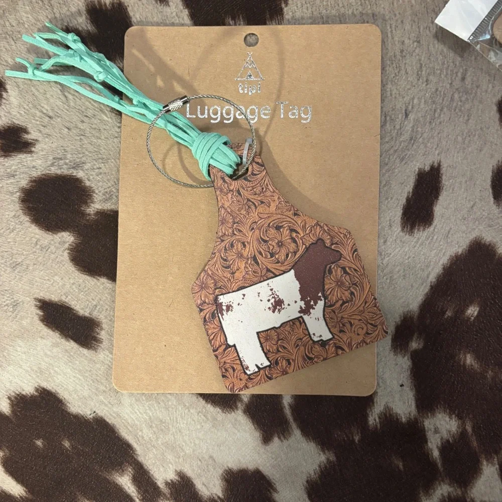 Luggage Tag Backpack Brown Western Cow Ear Tag Hereford Floral Tooled New